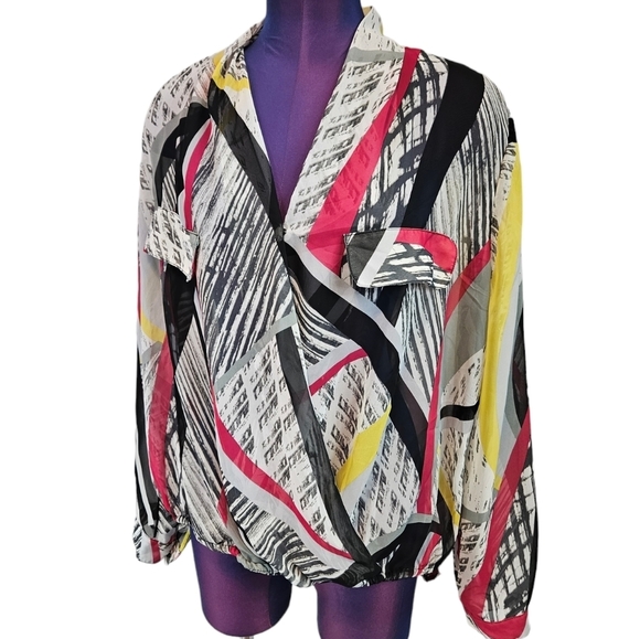 Sold Bisou Bisou Colorful Sheer 90s Abstract Faux Wrap Blouse Size XL Women's - Picture 9 of 9
